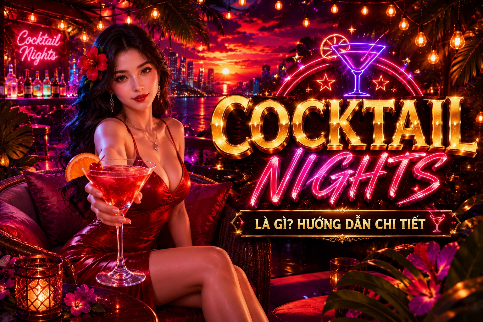 Không gian quán bar neon ấm cúng trong game 777X Cocktail Nights